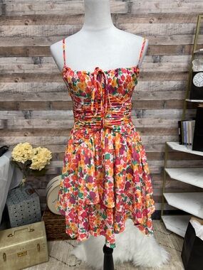 Floral Tie-Front Spaghetti Strap Dress - Pink & Orange Floral